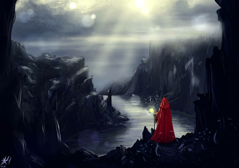 silhouette, rocks, river, art, cape, red, HD wallpaper