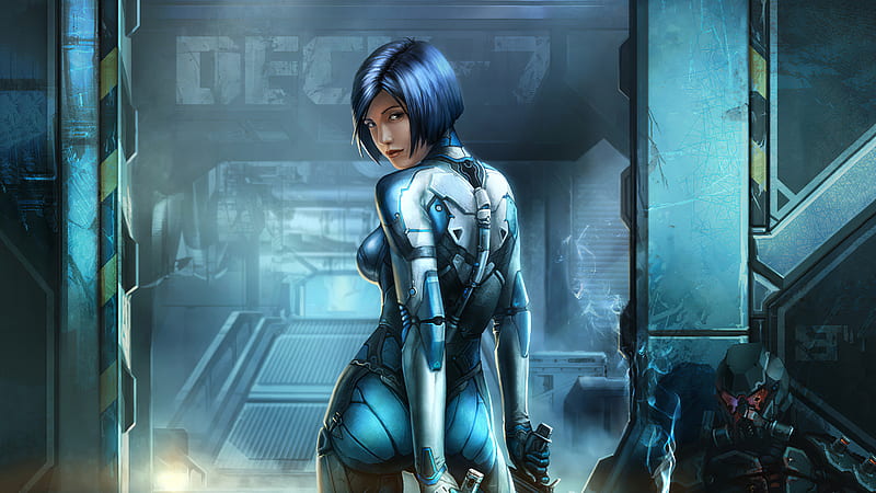 Blue Cyberpunk Cyborg Girl, artist, artwork, cyberpunk, artstation, HD wallpaper