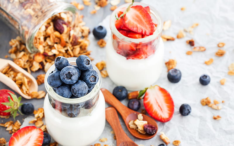 breakfast yoghurt, berries, blueberry, strawberry, healthy food, HD wallpaper