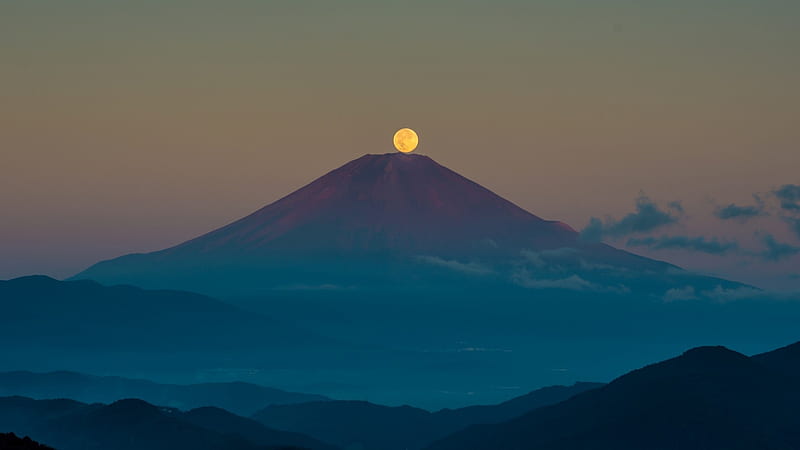 moon over mount fuji, mountain, moon, evening, volcano, mist, HD wallpaper