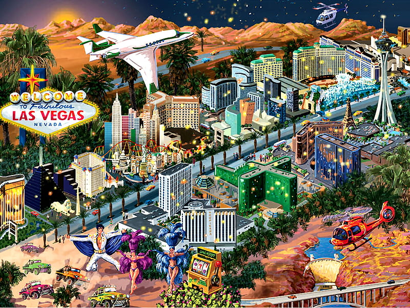 Las Vegas F, architecture, art, USA, cityscape, bonito, Nevada, illustration, artwork, stores, casinos, painting, shops, wide screen, scenery, Las Vegas, HD wallpaper