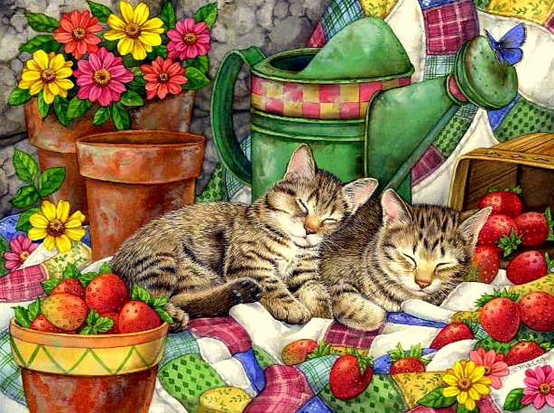 Peaceful Sleep, felines, quilt, flowerpots, fruit, kitens, watering can, flowers, strawberries, cats, HD wallpaper