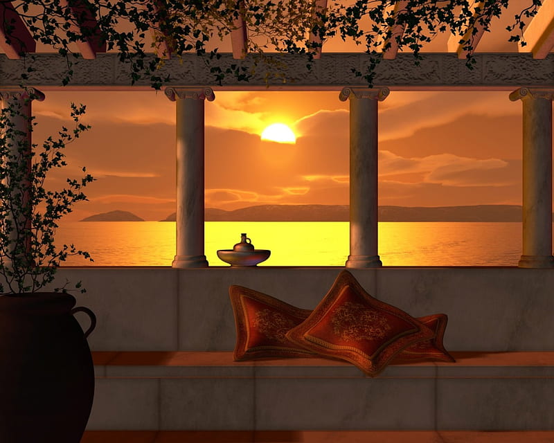 Golden Sunset, barrow, lamp, golden, ocean, plant, vase, sunset, sky, clouds, pillars, 3d, roman villa terrace, vines, pillows, HD wallpaper