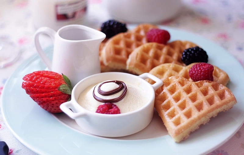 Sweet Morning, good morning, strawberry, food, breakfast, sweet, waffle, graphy, berries, heart, morning, rasberry, HD wallpaper