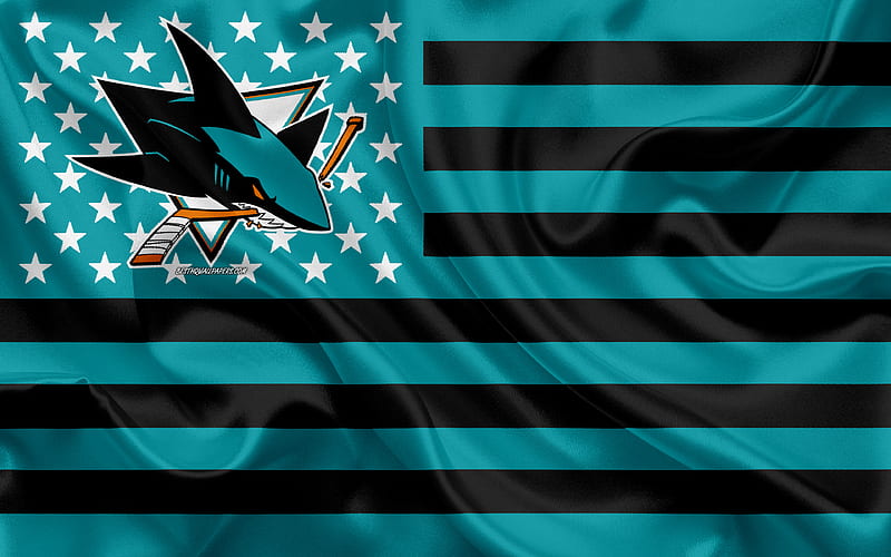 San Jose Sharks, American hockey club, American creative flag, turquoise black flag, NHL, San Jose, California, USA, logo, emblem, silk flag, National Hockey League, hockey, HD wallpaper