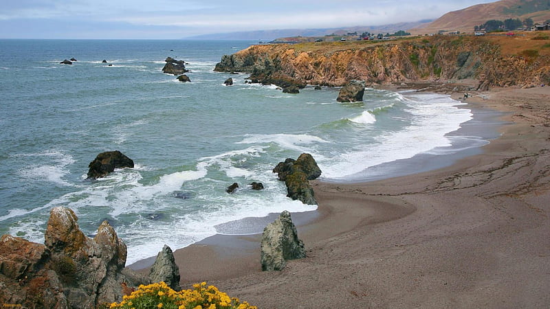 wonderful dark sand beach, beach, rocks, cliffs, waves, sea, HD wallpaper