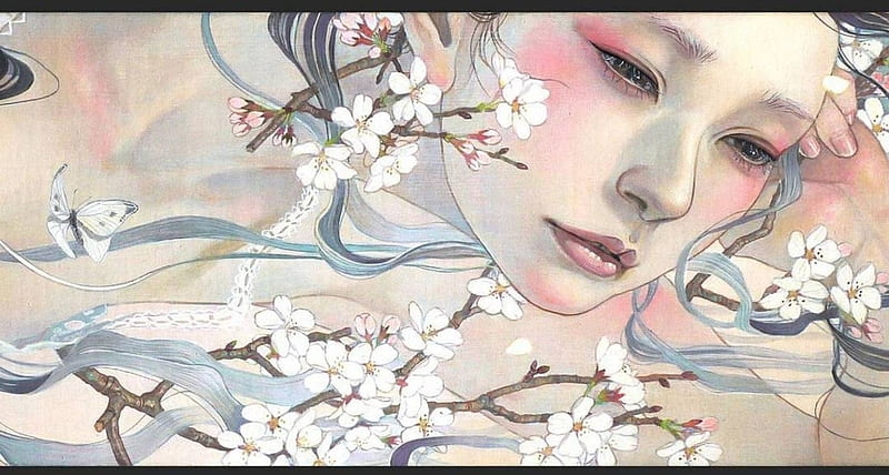 Spring, art, blossom, girl, flower, face, miho hirano, mihohirano, HD wallpaper