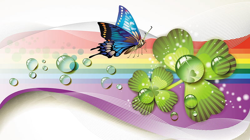 Butterfly Magic 1, butterfly, clover, water drops, shadow, colors, firefox persona, rainbow, shamrock, HD wallpaper