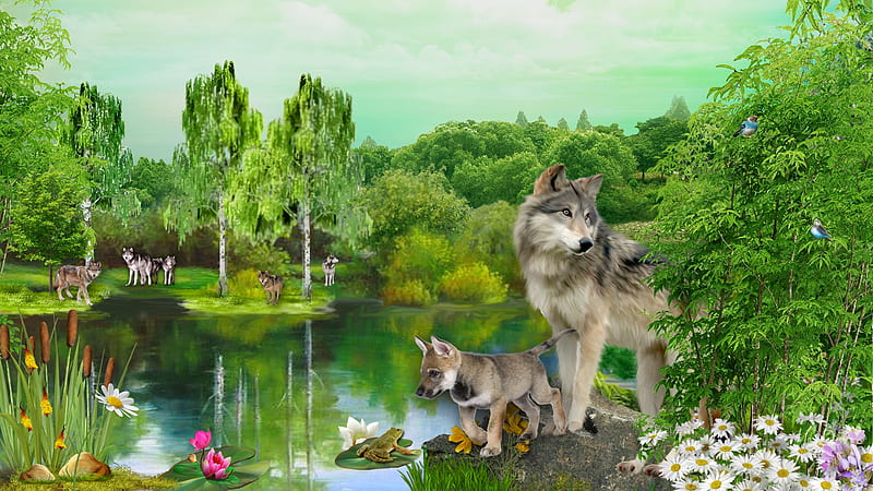 Wonderland Wolves, family, forest, lobo, trees, loup, lake, frog, wild, flowers, wolves, Firefox Persona theme, pups, HD wallpaper