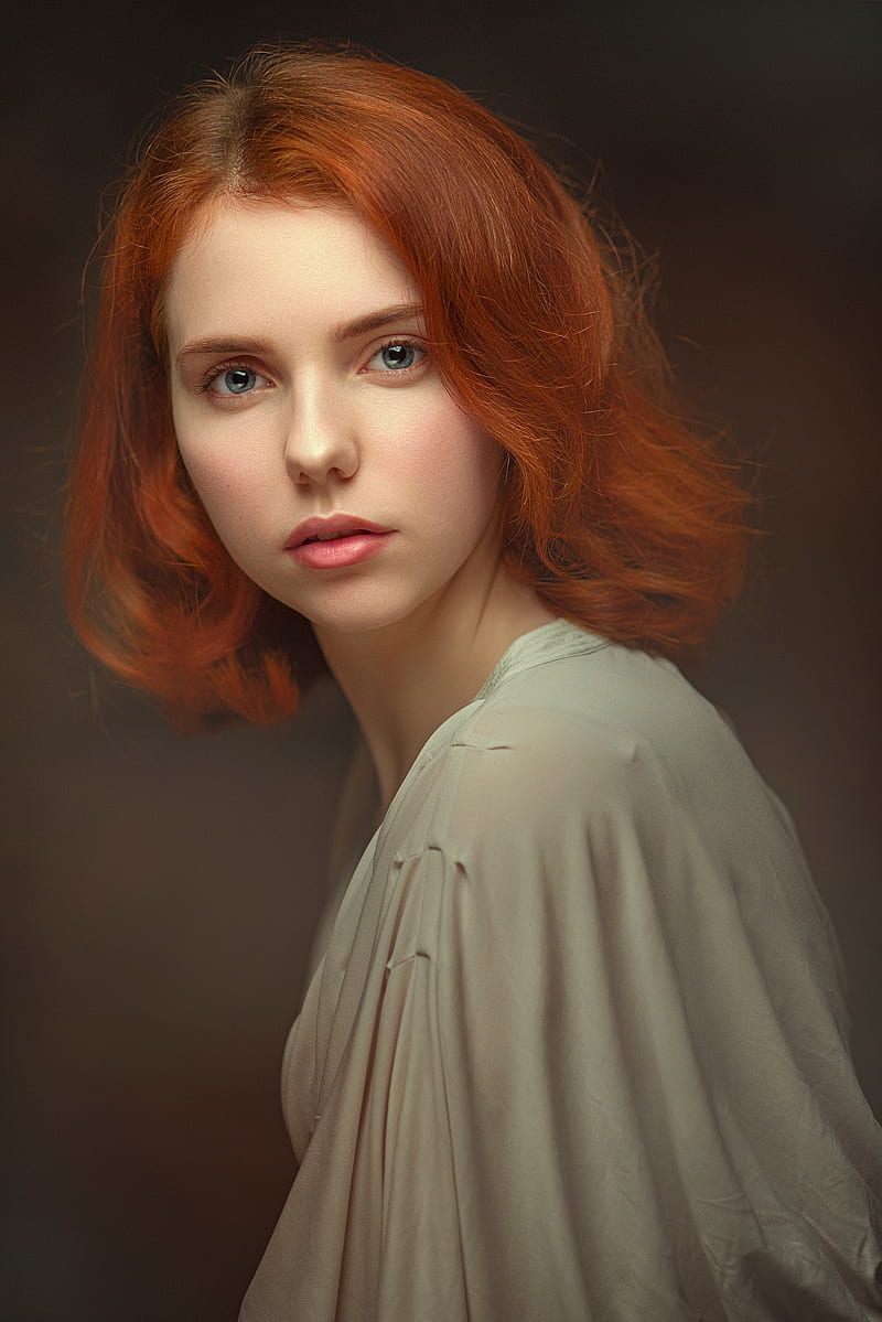 redhead, Pavel Cherepko, women, portrait, simple background, blue eyes, looking at viewer, HD phone wallpaper
