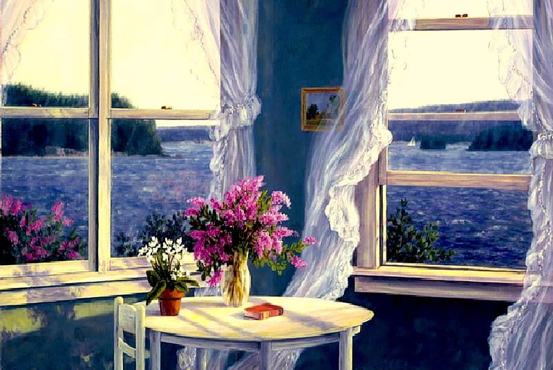 Sea Breeze, table, ocean, white curtains, book, sea, windows, still life, water, mountains, flowers, chair, HD wallpaper