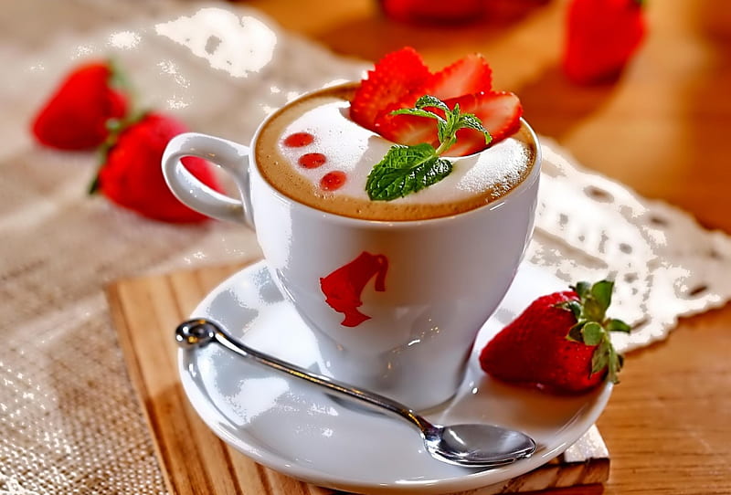 mmm ... that's really nice coffee!!, good morning, cafe, time, drinks, hq, afternoon, coffee, cup, flavor, hot, strawberries, white, espresso, cream, HD wallpaper