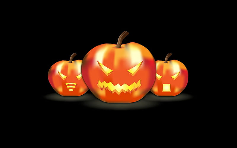 Three Jack-O-Lanterns, Jack-O-Lanterns, 3D and CG, halloween, pumpkins, HD wallpaper