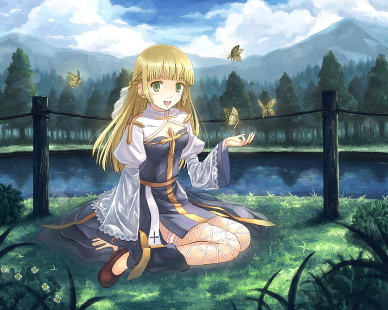 Arch Bishop, grass, plant, game, wing, mountain, butterfly, anime, anime girl, long hair, wings, online game, blonde, ragnarok online, sky, sexy, cute, water, field, scenic, dress, bride, video game, hot, river, scenery, hill, female, cloud, view, ragnarok, blonde hair, tree, girl, flower, nature, scene, HD wallpaper