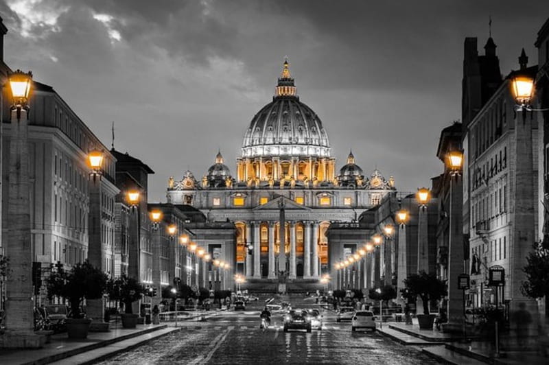 The light is of St. Peter is Church, black and white, city of vatican, graphy, two colors, HD wallpaper