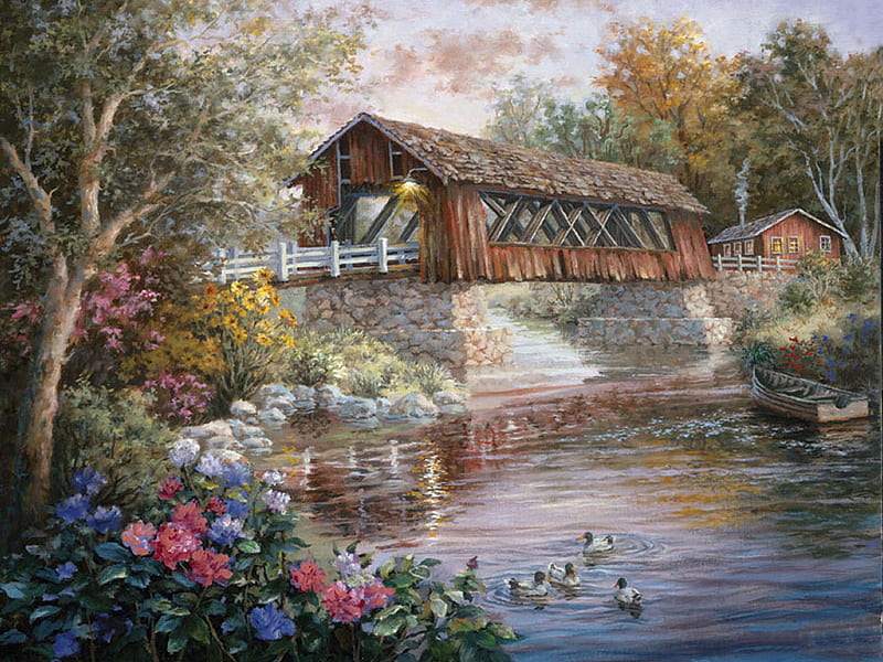 Covered Bridge Over Stream F5mp, stream, art, covered bridge, boehme, floral trees, lake, pond, water, bridge, painting, flowers, scenery, landscape, HD wallpaper