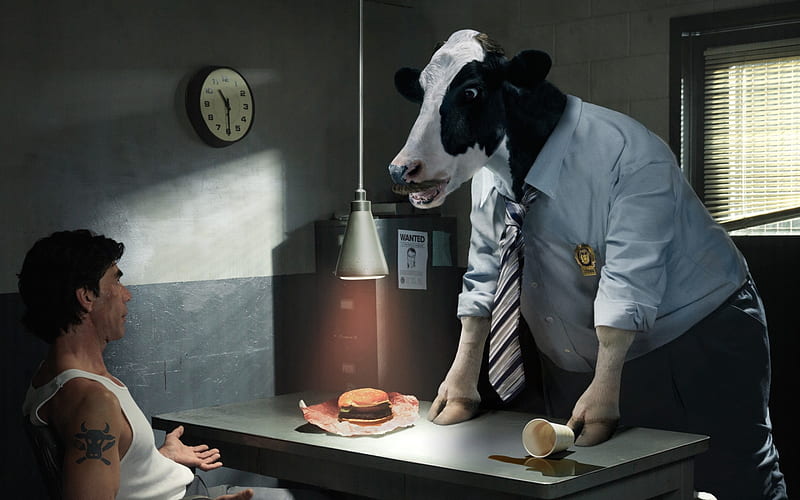 detective cow, man, cow, detective, burger, HD wallpaper
