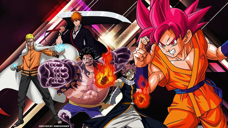 Anime, Bleach, Naruto, Crossover, Dragon Ball, Ichigo Kurosaki, Goku, One Piece, Naruto Uzumaki, Monkey D Luffy, Fairy Tail, Natsu Dragneel, Dragon Ball Super, HD wallpaper