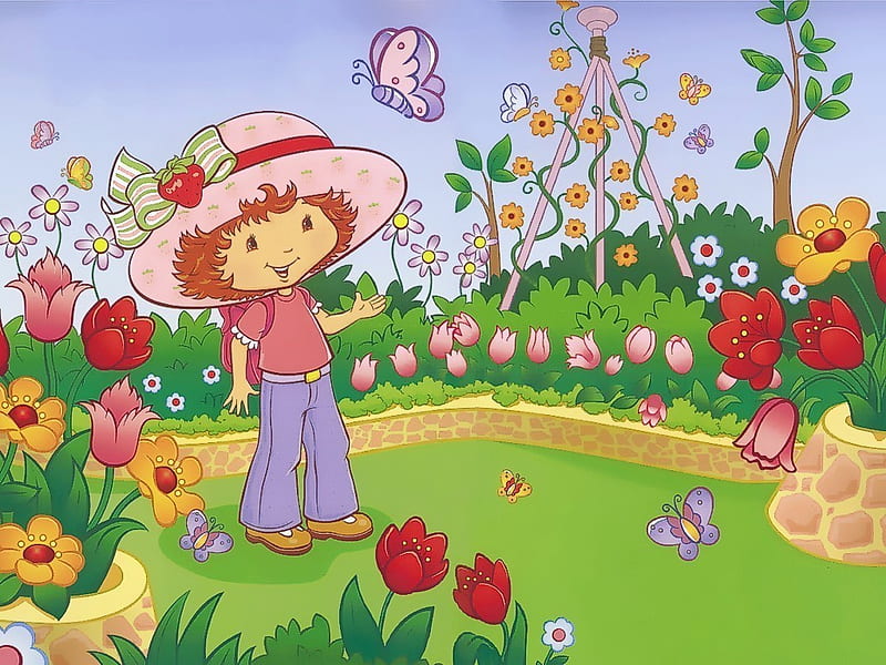 In the garden, strawberry shortcake, garden, flowers, butterfly, HD wallpaper