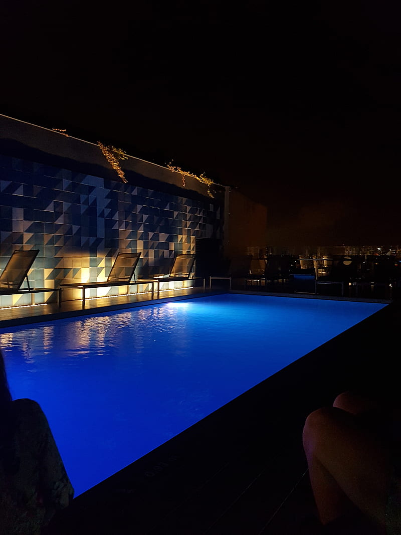 Barcelona pool, midnight summer, skyline, water, HD phone wallpaper