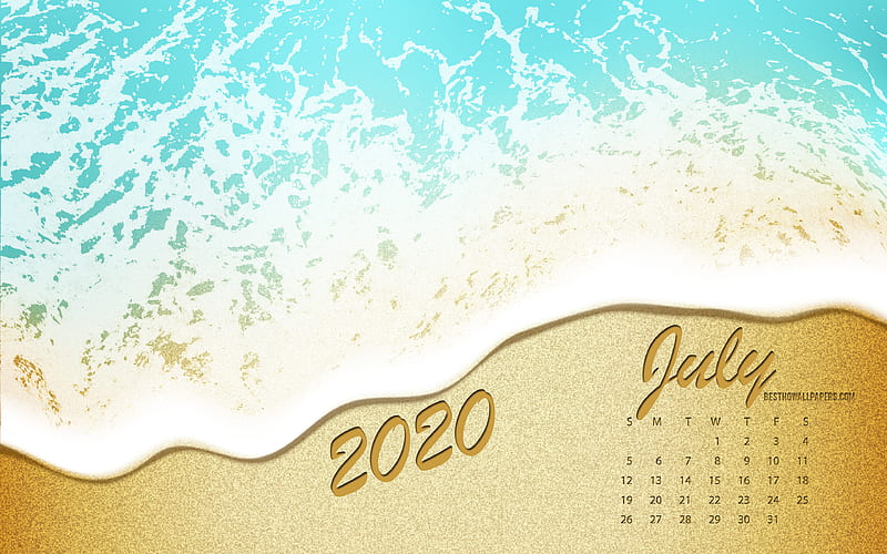 2020 July Calendar, sea coast, beach, 2020 summer calendars, sea, sand, July 2020 Calendar, summer art, July, HD wallpaper