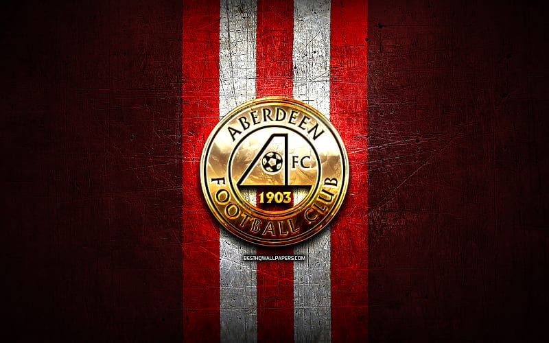 Aberdeen FC, golden logo, Scottish Premiership, red metal background, football, scottish football club, Aberdeen logo, soccer, FC Aberdeen, HD wallpaper