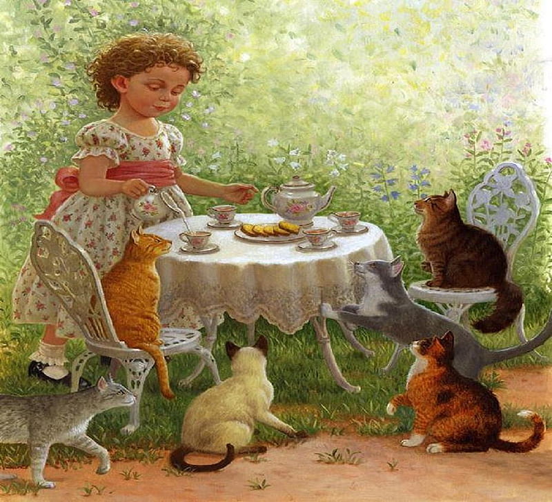 Cat tea party., table, saucer, girl, party, cup, cat, tea, HD wallpaper