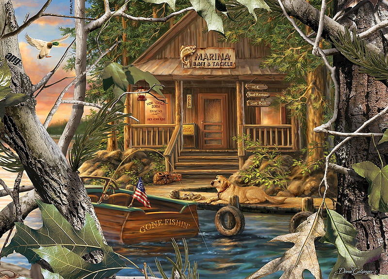 Fishing Cabin, boat, porch, puzzle, cabin, fishing, log, HD wallpaper