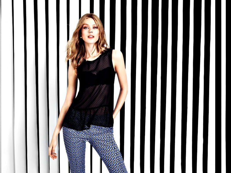 Frida Gustavsson, stripes, girl, model, black, white, woman, HD wallpaper
