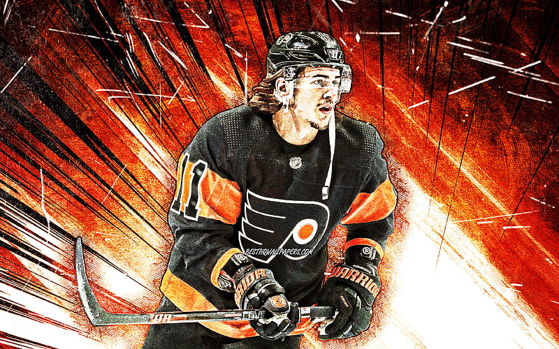 Travis Konecny, grunge art, NHL, Philadelphia Flyers, hockey stars, hockey, orange abstract rays, hockey players, Travis Konecny Philadelphia Flyers, Travis Konecny, HD wallpaper