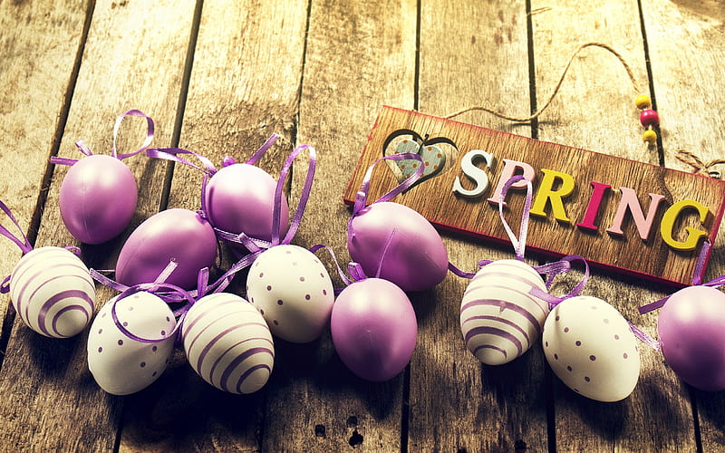 Purple easter eggs, spring, wooden background, Easter, painted eggs, HD wallpaper