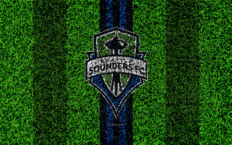 Seattle Sounders MLS, football lawn, logo, american soccer club, blue green lines, grass texture, Seattle, Washington, USA, Major League Soccer, football, HD wallpaper