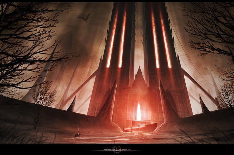 Stronghold of Oblivion, red, death, evil, trees, desolated, fire, stronghold, rider, dark, oblivion, dust, devil, HD wallpaper