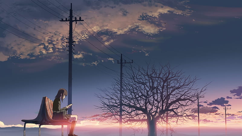 5 centimeters per second, bench, clouds, scenic, Anime, HD wallpaper