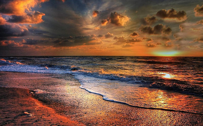 Seaside Sunset, beach, Waves, Evening, Sunset, HD wallpaper | Peakpx