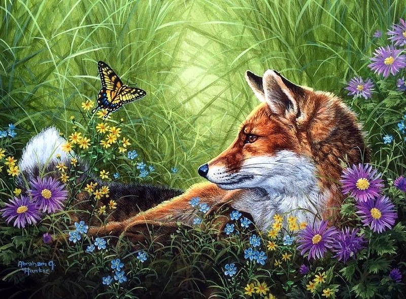 Fox in the Meadow, butterfly, fox, grass, flowers, meadow, HD wallpaper