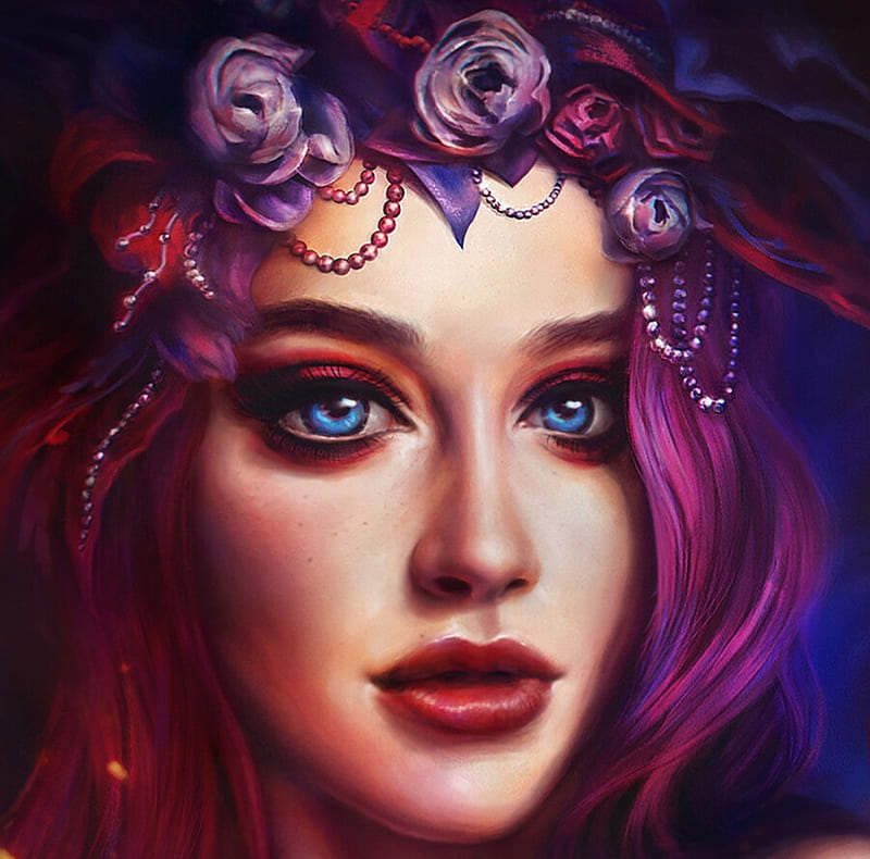 Rose, face, eyes, pink, blue, wreath, art, luminos, fantasy, girl, daria ridel, flower, portrait, HD wallpaper