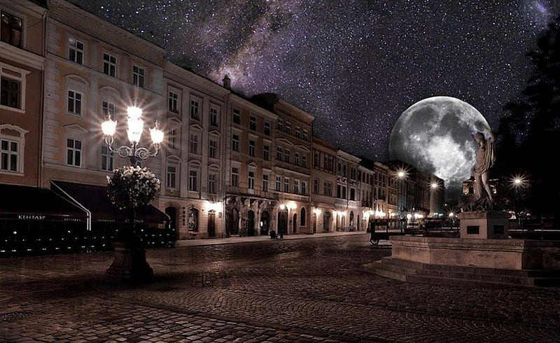 L’viv, fantasy, moon, Lviv, ukrainian cities, Ukraine, HD wallpaper