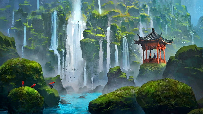 Island of 1000 Waterfalls, fantasy, eastern, waterfalls, landscape, HD ...
