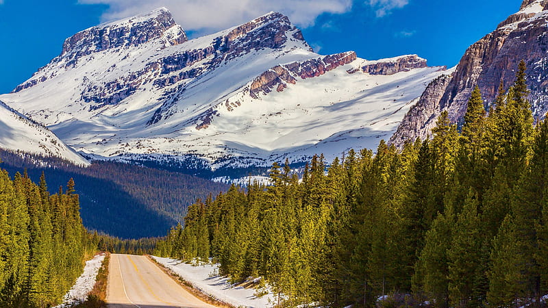 Banff National Park road, snow mountains, Alberta, Canada, HD wallpaper