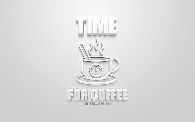 Time for coffee, white 3d icon, white background, stylish art, 3d signs, 3d coffee cup icon, HD wallpaper