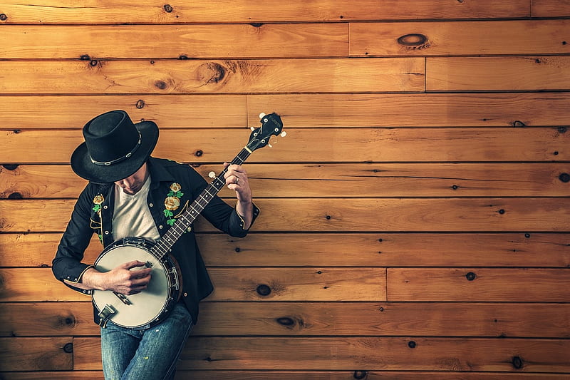 Musician, Music, Wooden background, Banjo, Hat, Male, HD wallpaper