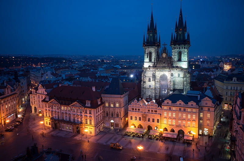 Prague, Old Town Square, city, czech republic, houses, evening, church, lights, HD wallpaper