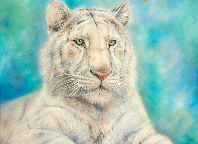 Stripeless, art, luminos, tiger, irenadem, animal, cute, painting, cub, tigru, pictura, white, blue, HD wallpaper