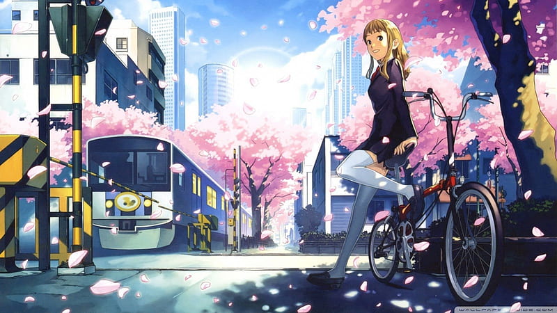 Anime City, bicycle, blonde hair, gray eyes, city, train, girl, sakura flowers, anime, cross, landscape, HD wallpaper