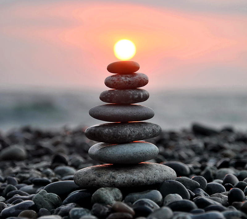 Summer Sunset, sun on pebbles, balance, HD wallpaper