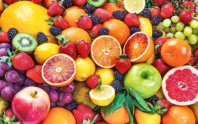 Fresh Mixed Fruit apples, kiwi, bonito, oranges, fruit, grapes, graphy, wide screen, strawberries, blackberries, lemons, HD wallpaper
