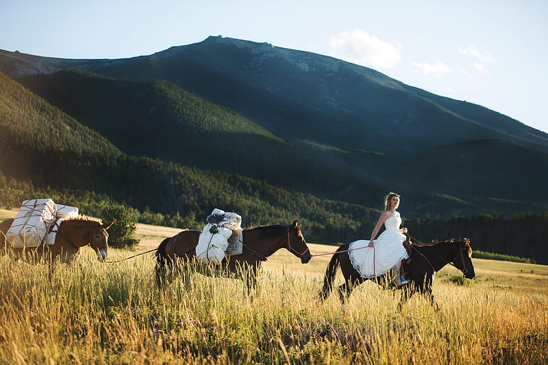 Cowgirl Bride, hills, cowgirl, Montana, boots, bride, packages, horses, mountains, grassland, HD wallpaper