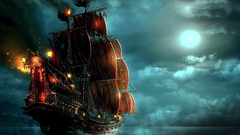 Pirate Ship, sails, clouds, sky, warship, art, HD wallpaper