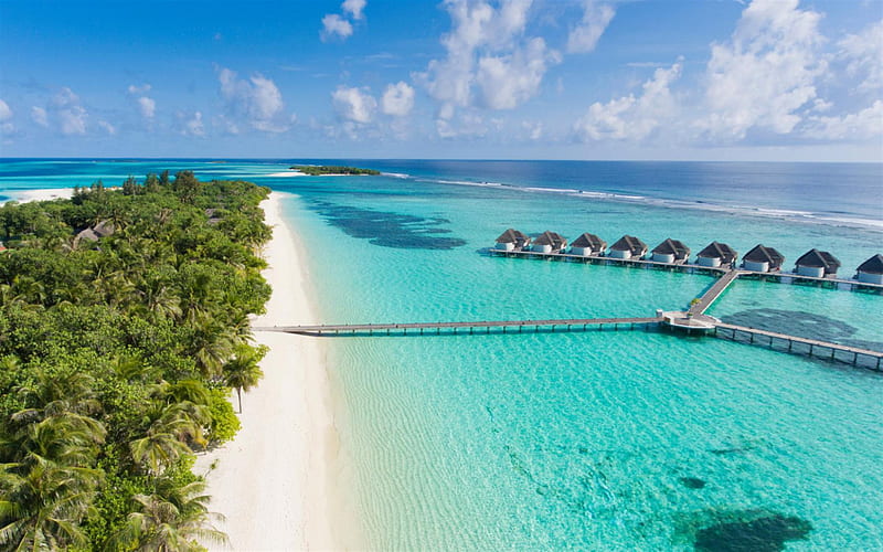 Maldives, Indian ocean, tropical island, summer, palm trees, beach, ocean, Jumeirah Vittaveli Maldives, HD wallpaper